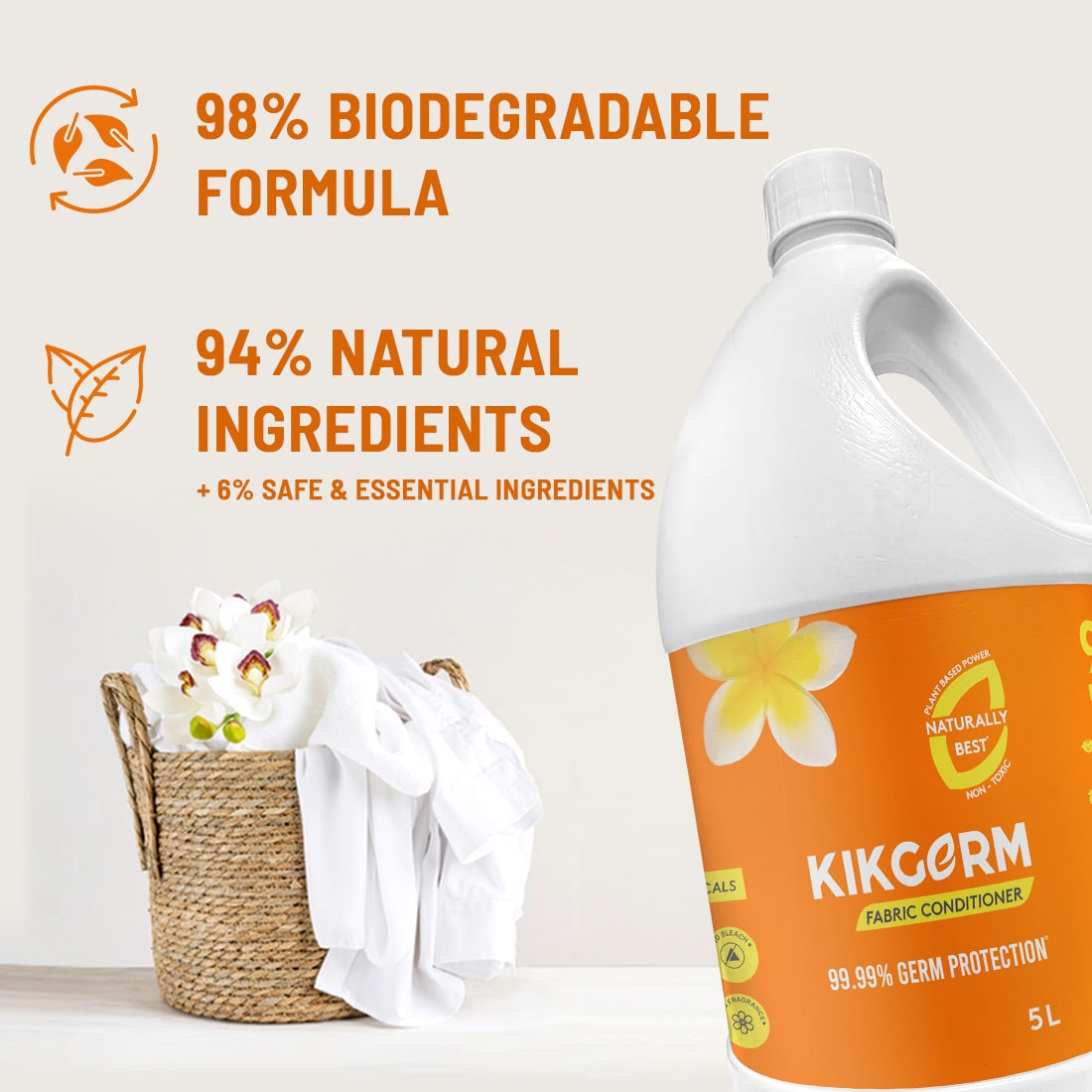 KIKGERM Naturally Best Fabric Conditioner | No Harmful Chemicals & 99.99% Germ Protection | New & Shiny Clothes | 5 Litr