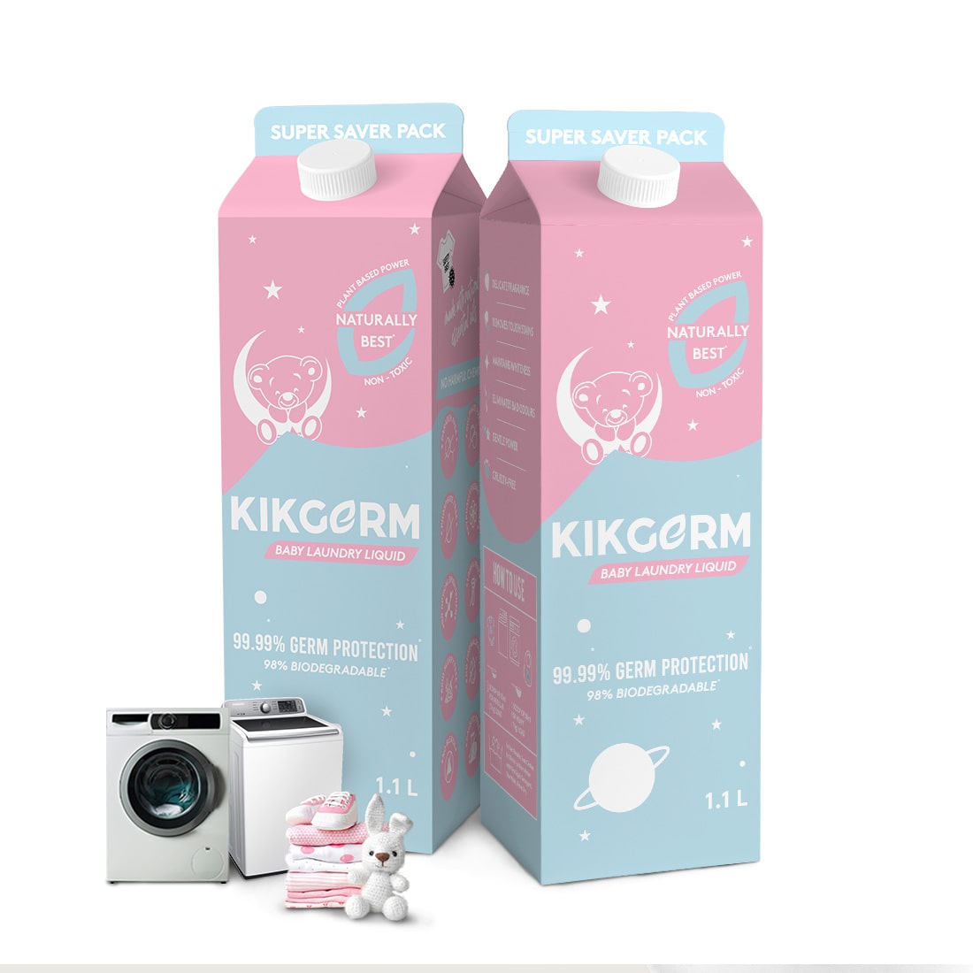KIKGERM 100% Natural BABY Liquid Detergent | Plant Based Power | Gentle & Safe | 1.1L X 2 SUPER SAVER