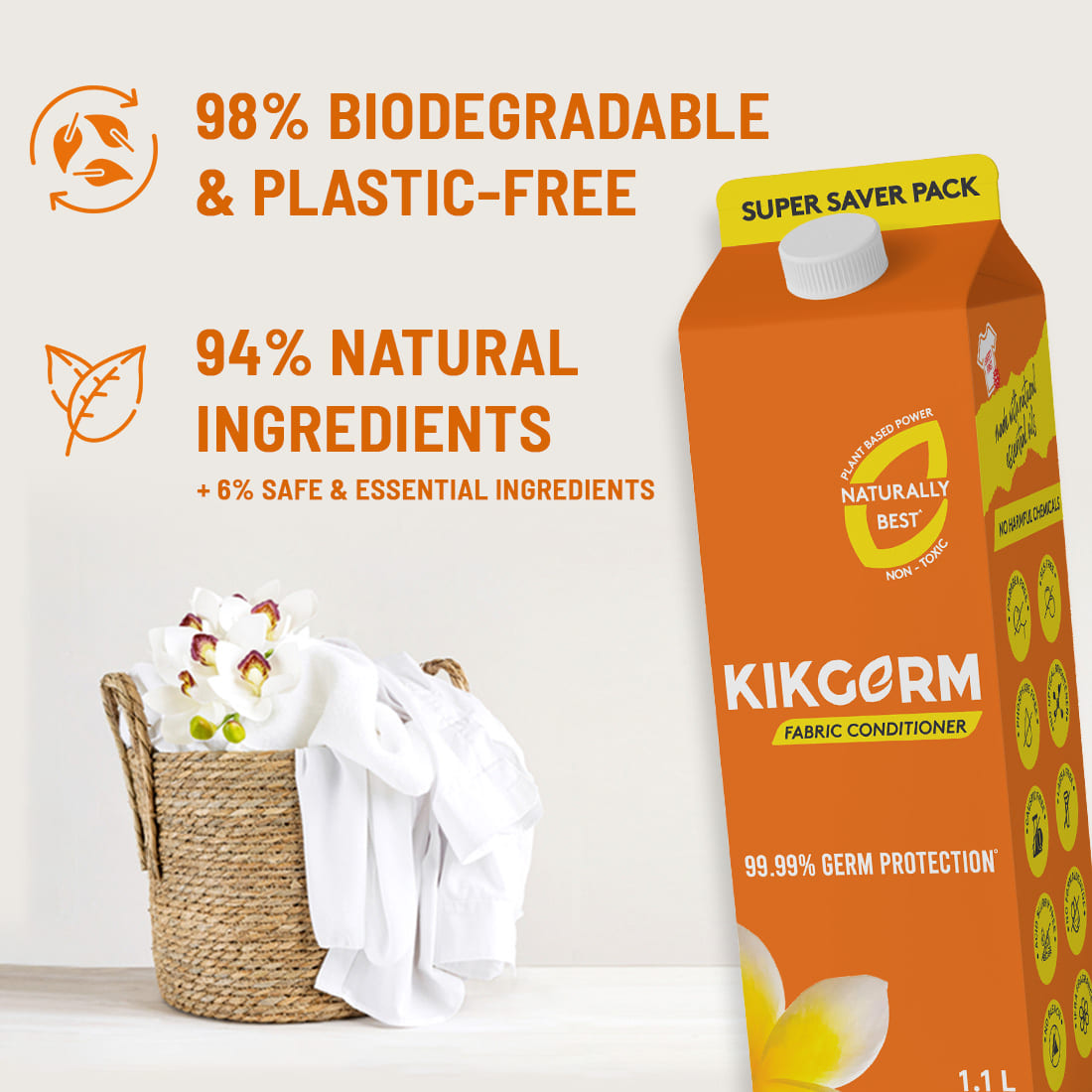 KIKGERM Naturally Best Fabric Conditioner | No Harmful Chemicals & 99.99% Germ Protection | New & Shiny Clothes | 1.1L X 3 (3300ML)